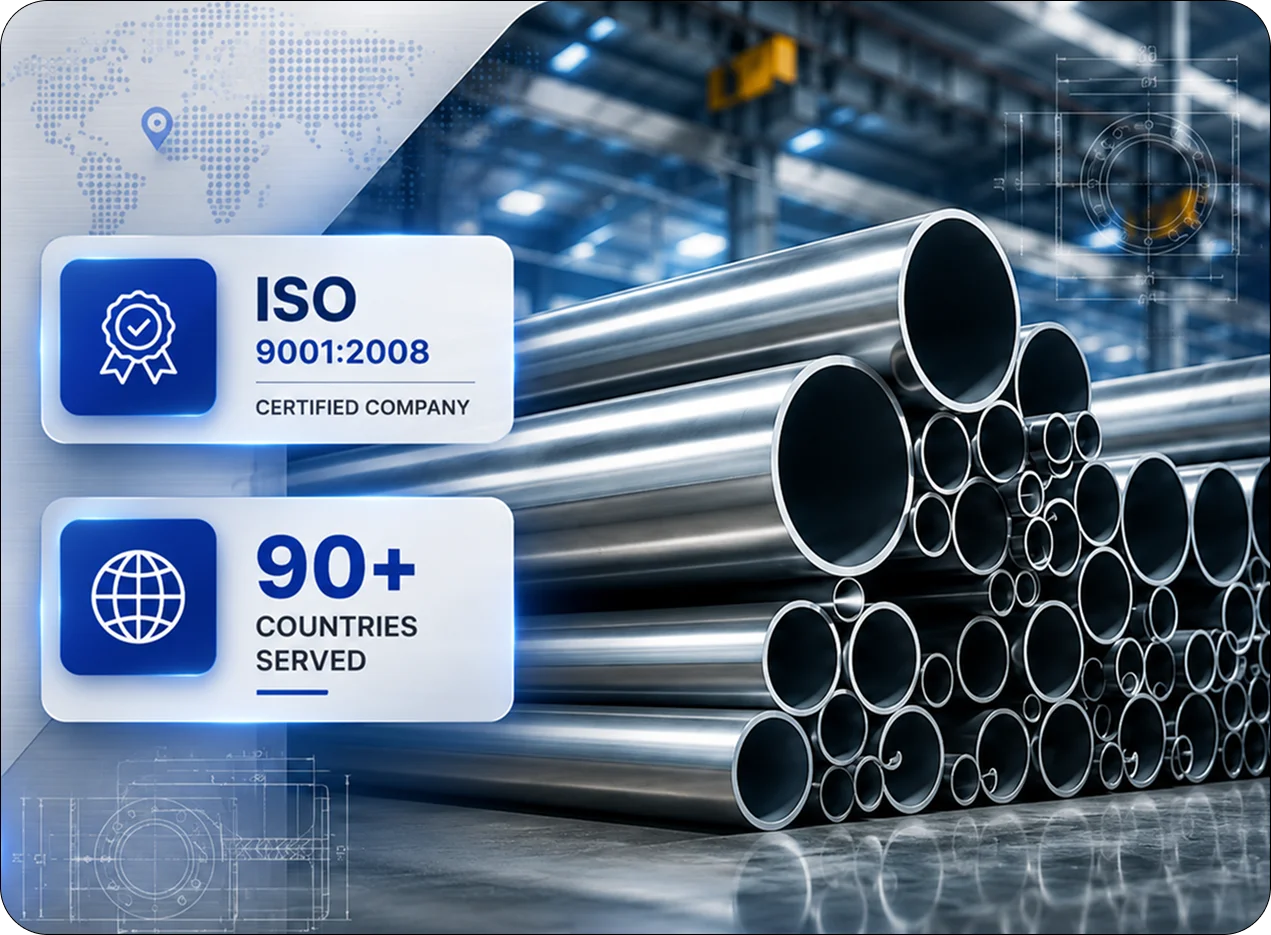 Solitaire Overseas steel pipe stockyard — ISO 9001:2008 certified, 90+ countries served